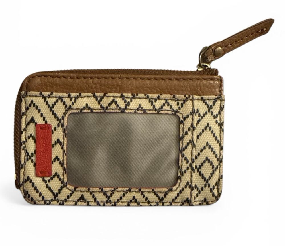 Fossil Coated Canvas Credit Card ID Wallet Keychain Coin Purse Beige Red Pattern